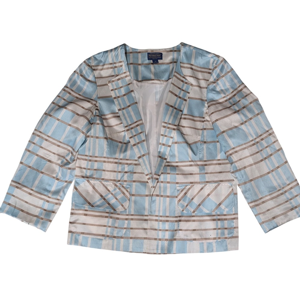 Pendleton Blazer Womens 10 Blue Plaid Silk Cotton Collarless Open Front Jacket